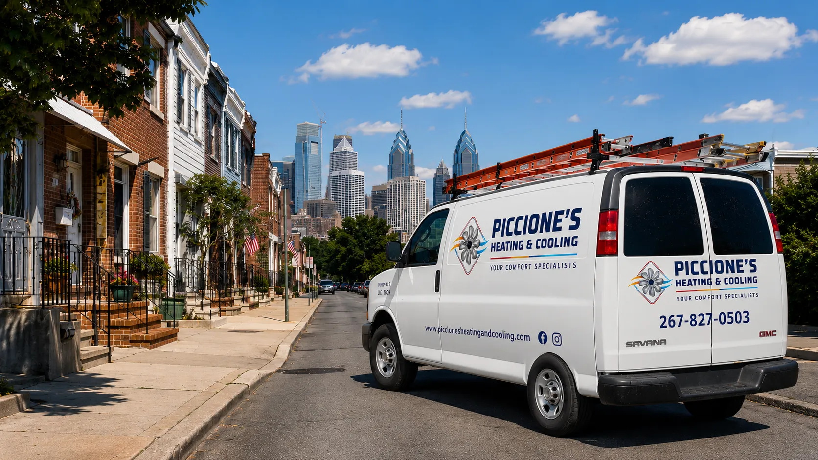 Piccione's Heating & Cooling service van parked on a South Philadelphia rowhome street with the Center City skyline behind it